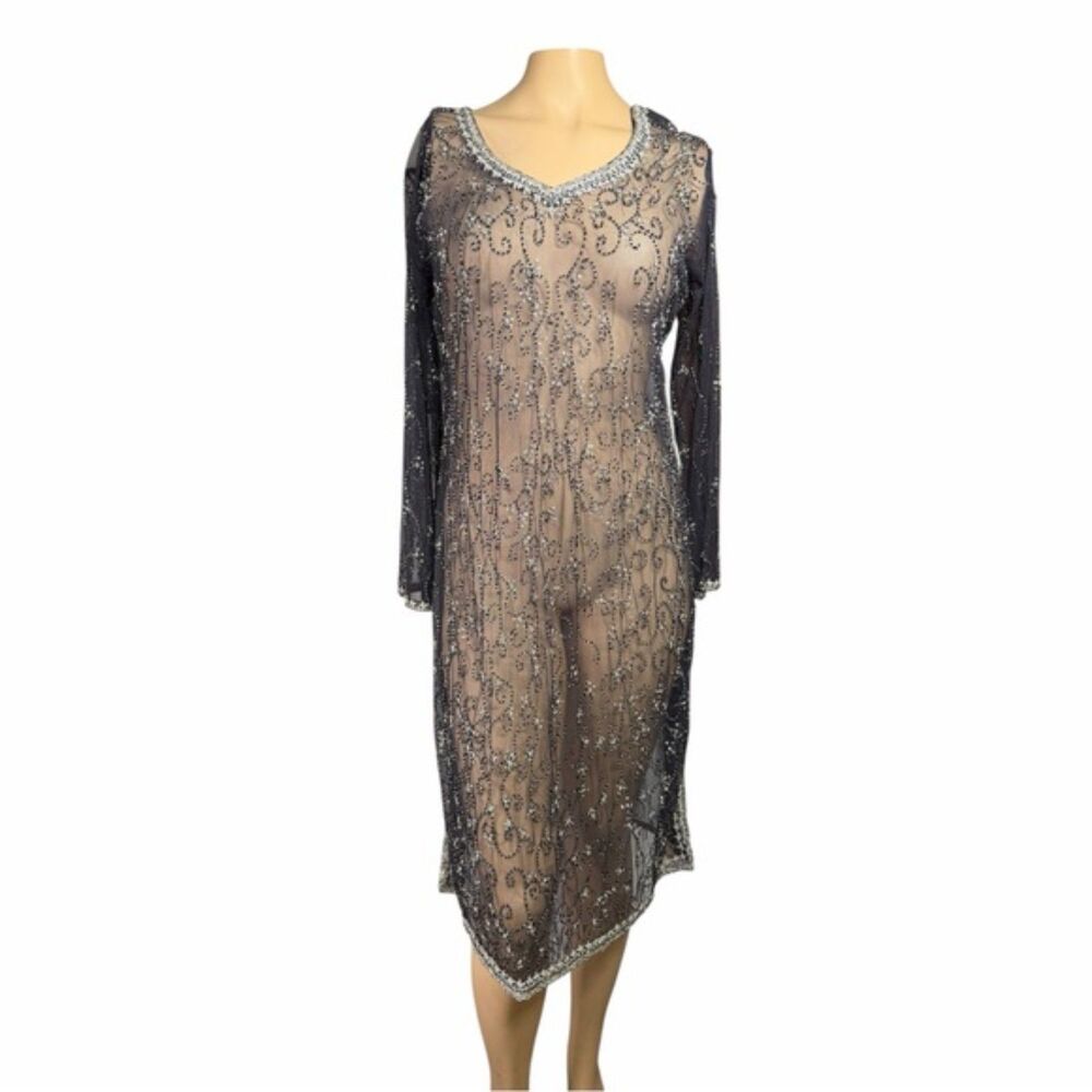 Vintage Beaded Mesh Dress Overlay Size 42 Black Sheer